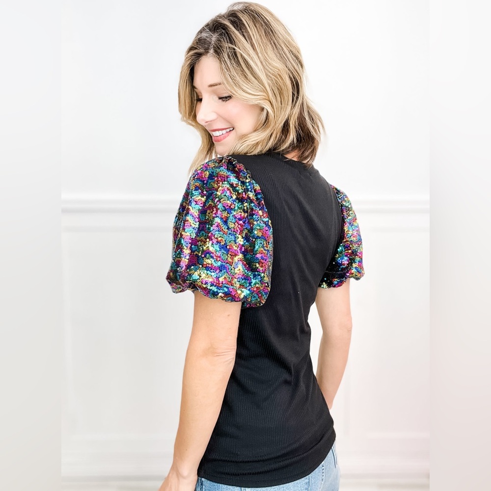 BOUTIQUE Elliana Black Multi Color Rainbow Sequin Puff Sleeve Fitted Top XL - Picture 6 of 12